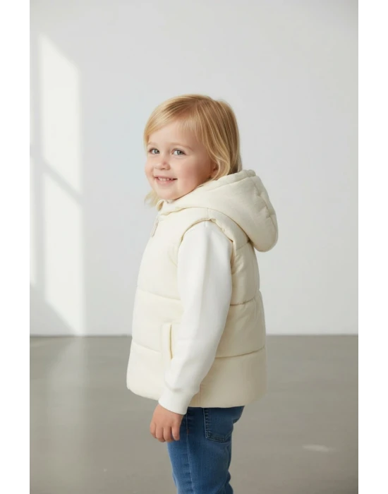 Kapşonlu Ekru Kız Çocuk Yelek