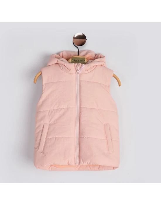Kapşonlu Pudra Kız Çocuk Yelek