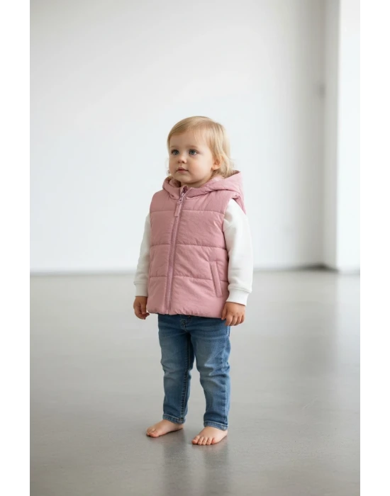 Kapşonlu Gül Kurusu Kız Çocuk Yelek