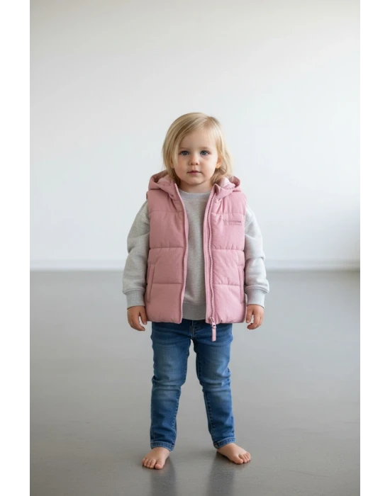 Kapşonlu Gül Kurusu Kız Çocuk Yelek