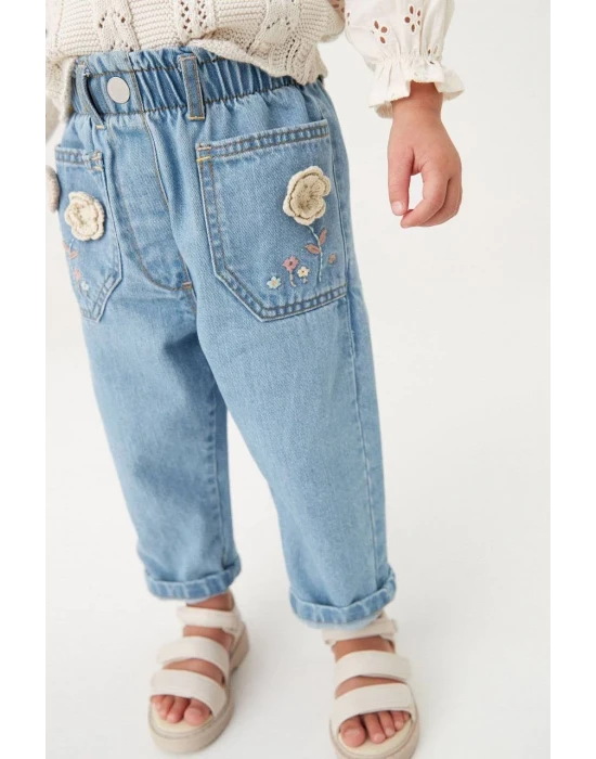 La’Ciel Ekru Gül Detaylı Kot Pantolon