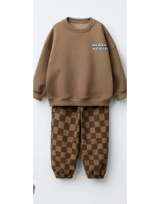 3 İplik Şardonlu Kahverengi Erkek Eşofman Takımı