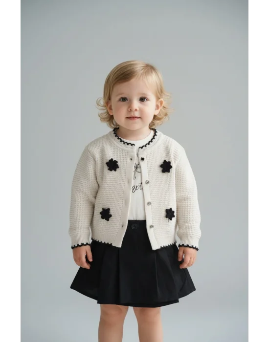 3 Parça Kız Çocuk Kombin – Body + Örme Çiçek Aplikeli Triko Hırka + Etek