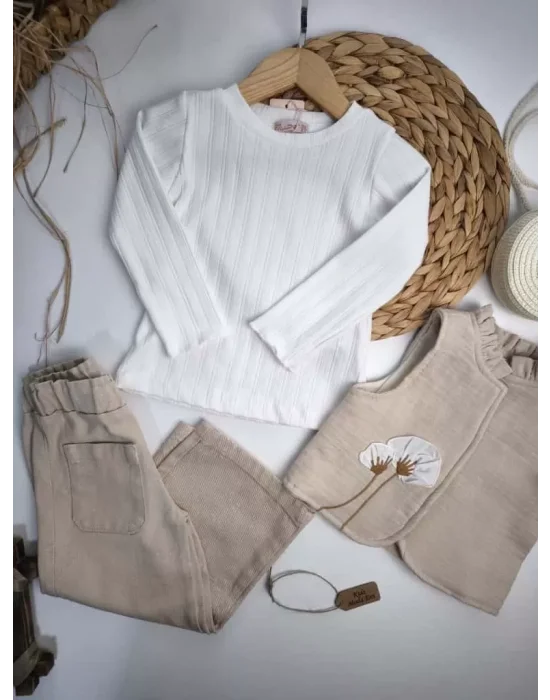 3 Parça Kız Çocuk Kombin Seti — Body, Nakışlı Yelek, Cepli Pantolon