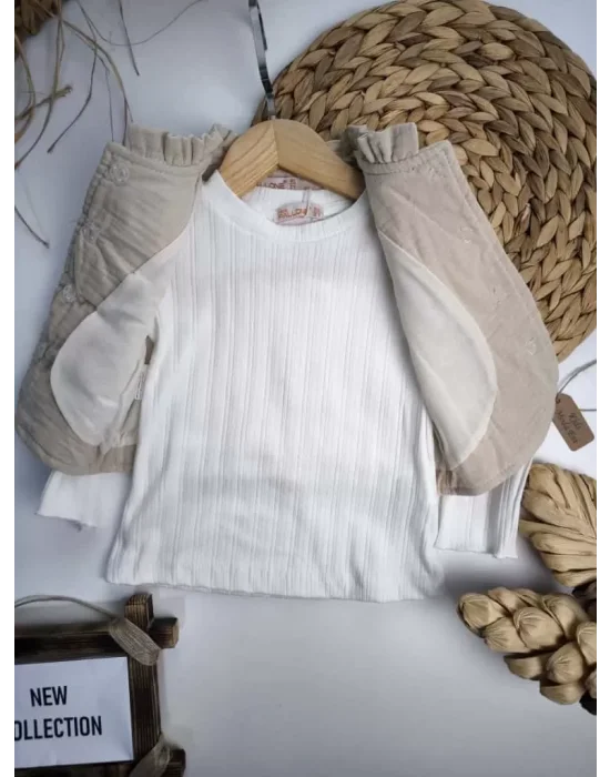 3 Parça Kız Çocuk Kombin Seti — Body, Nakışlı Yelek, Cepli Pantolon