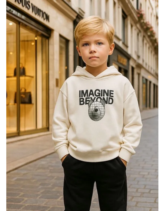 Ayıcık Dizaynlı Kapüşonlu Erkek Eşofman Takım