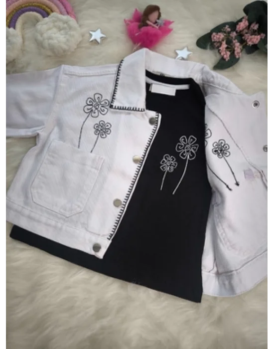 Çiçek Nakışlı Üçlü Gabardin-Kot Kız Takım