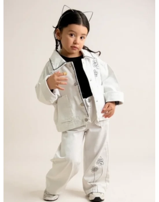 Çiçek Nakışlı Üçlü Gabardin-Kot Kız Takım