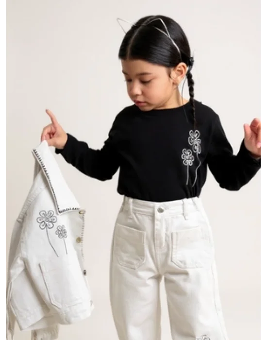 Çiçek Nakışlı Üçlü Gabardin-Kot Kız Takım