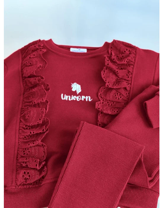 Fır Fır Detaylı Dantel İşlemeli Bordo Taytlı Takım