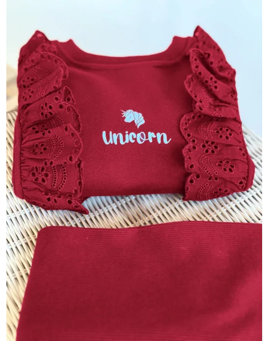 Fır Fır Detaylı Dantel İşlemeli Bordo Taytlı Takım