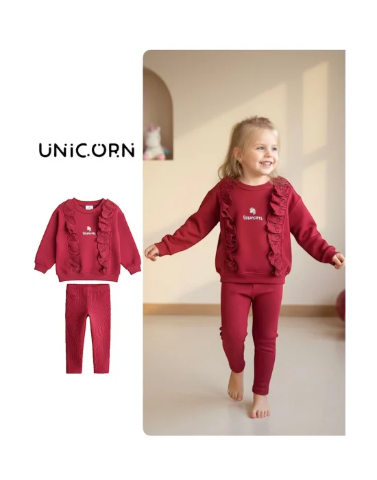 Fır Fır Detaylı Dantel İşlemeli Bordo Taytlı Takım