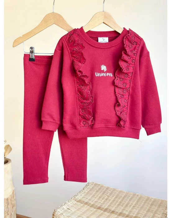 Fır Fır Detaylı Dantel İşlemeli Bordo Taytlı Takım