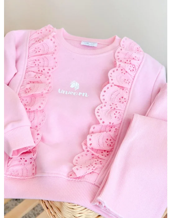 Fır Fır Detaylı Dantel İşlemeli Pembe Taytlı Takım