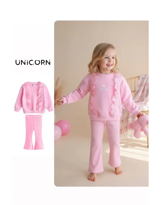 Fır Fır Detaylı Dantel İşlemeli Pembe Taytlı Takım