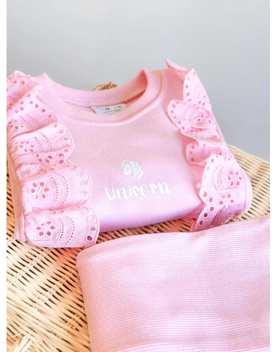 Fır Fır Detaylı Dantel İşlemeli Pembe Taytlı Takım