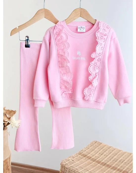 Fır Fır Detaylı Dantel İşlemeli Pembe Taytlı Takım