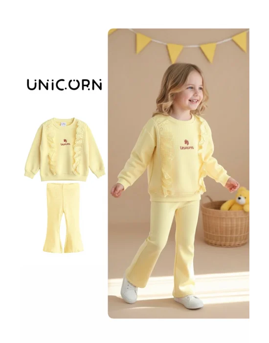 Fır Fır Detaylı Dantel İşlemeli Sarı Taytlı Takım