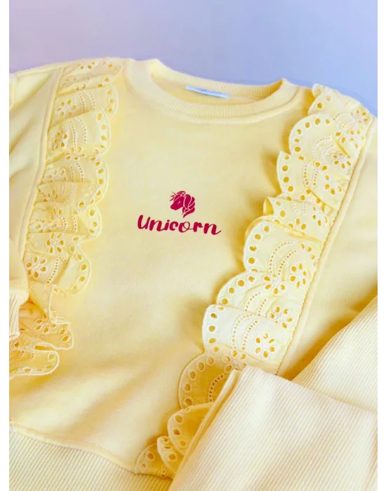 Fır Fır Detaylı Dantel İşlemeli Sarı Taytlı Takım