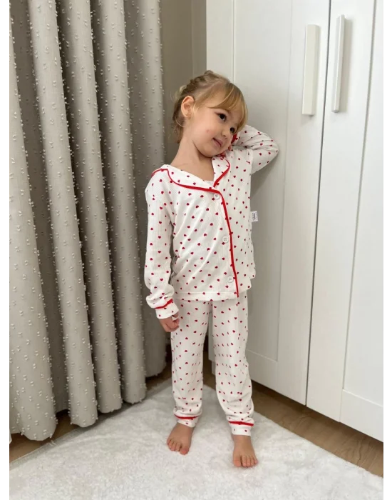 Kırmızı Kalp Detaylı Pijama Takımı