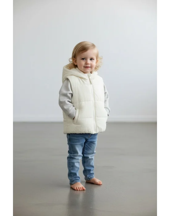 Kapşonlu Ekru Kız Çocuk Yelek