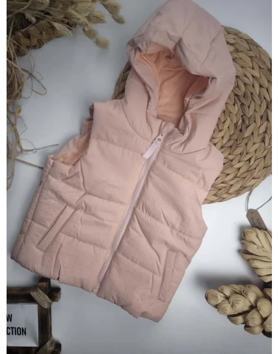 Kapşonlu Pudra Kız Çocuk Yelek