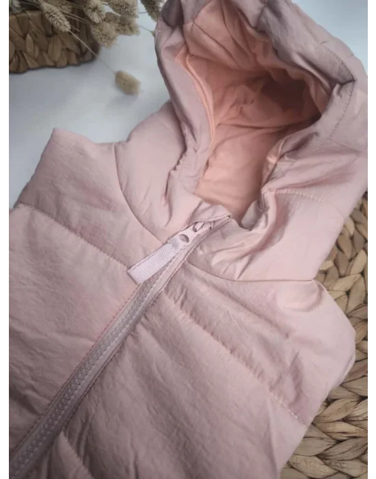 Kapşonlu Pudra Kız Çocuk Yelek