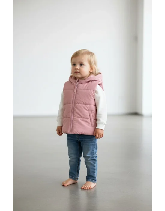 Kapşonlu Gül Kurusu Kız Çocuk Yelek