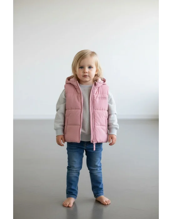 Kapşonlu Gül Kurusu Kız Çocuk Yelek