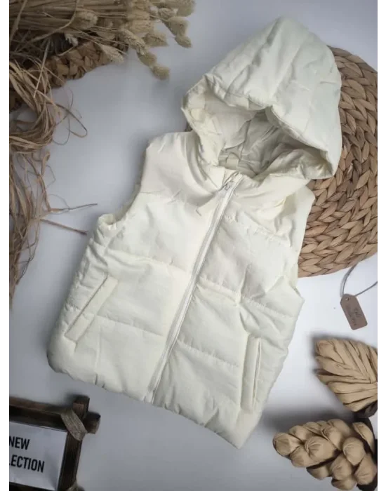 Kapşonlu Ekru Kız Çocuk Yelek