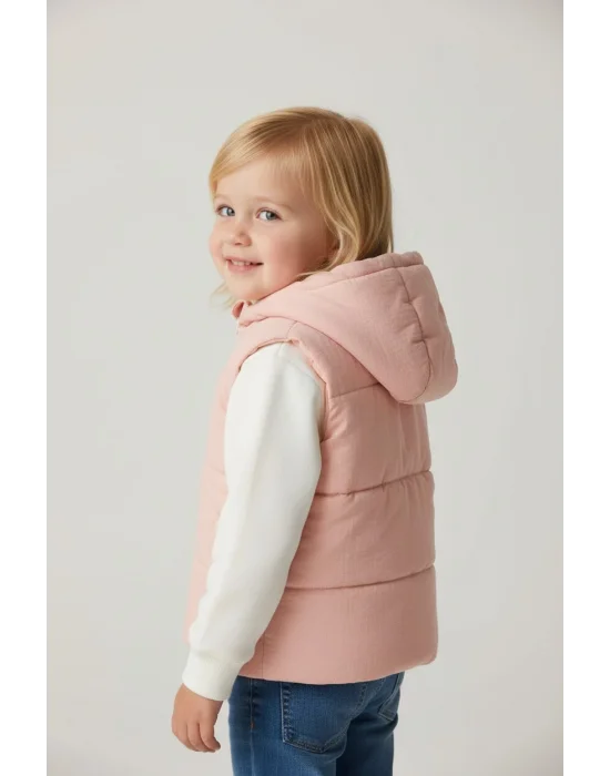 Kapşonlu Pudra Kız Çocuk Yelek