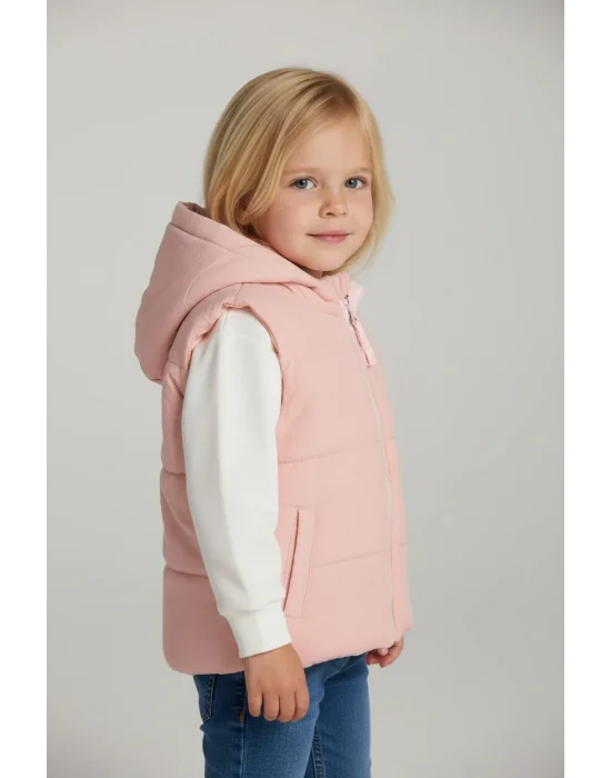 Kapşonlu Pudra Kız Çocuk Yelek
