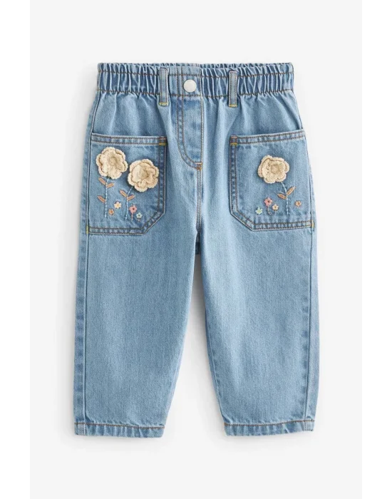 La’Ciel Ekru Gül Detaylı Kot Pantolon
