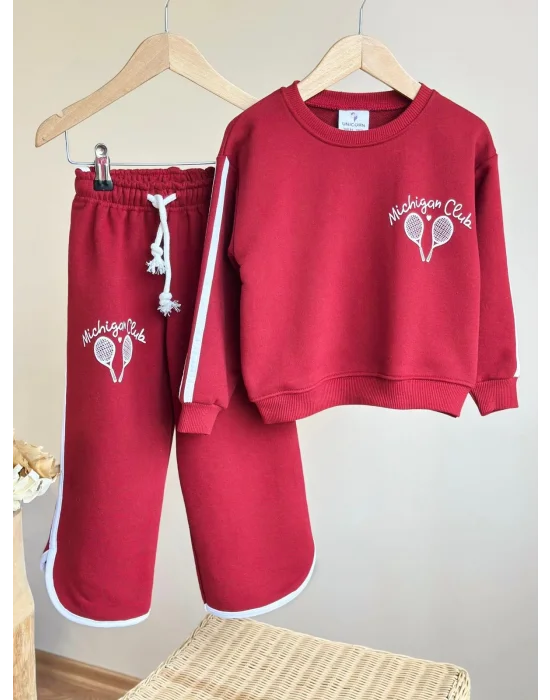 Michigan Club Biye Detaylı %100 Pamuk Sweatshirt ve 3 İplik Eşofman Takımı
