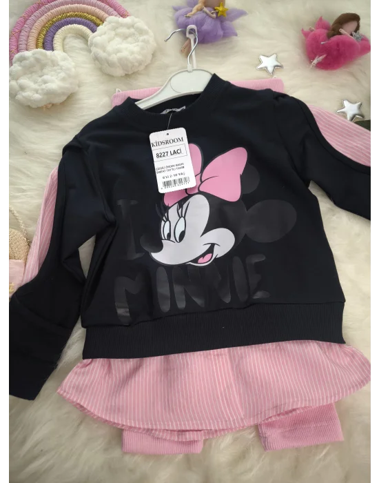 Minnie Baskılı Gömlek Detaylı İkili Taytlı Takım