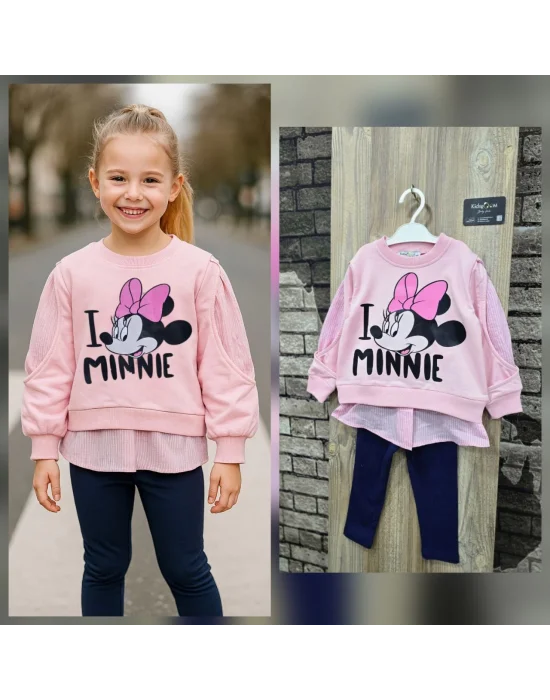 Minnie Baskılı Gömlek Detaylı İkili Taytlı Takım