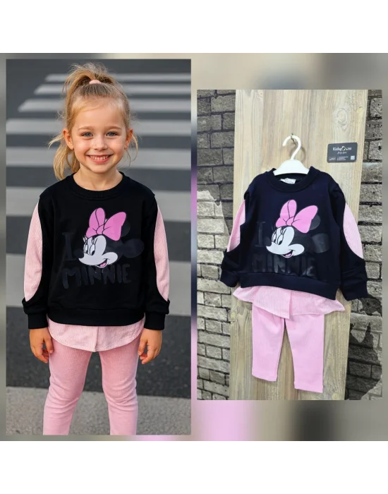 Minnie Baskılı Gömlek Detaylı İkili Taytlı Takım