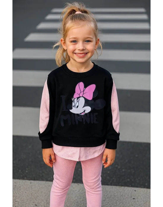 Minnie Baskılı Gömlek Detaylı İkili Taytlı Takım