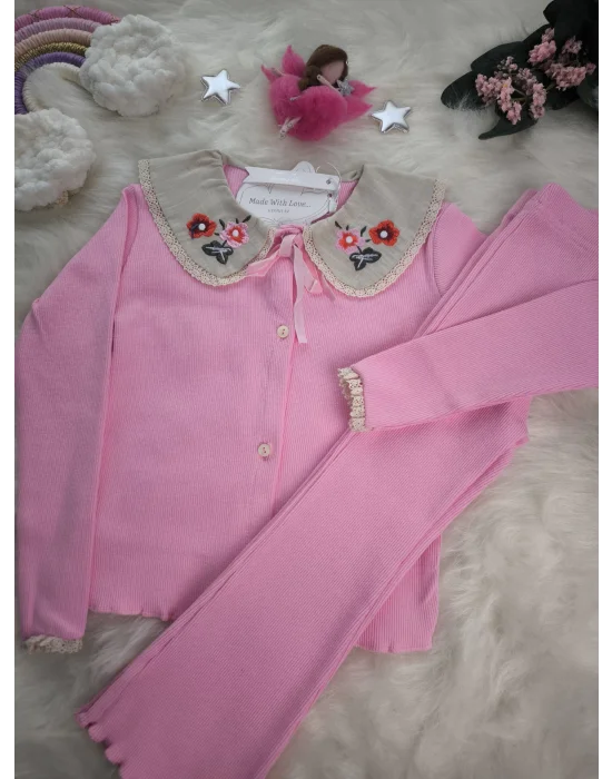 Nakış İşlemeli Yaka Detaylı Taytlı Takım Pembe