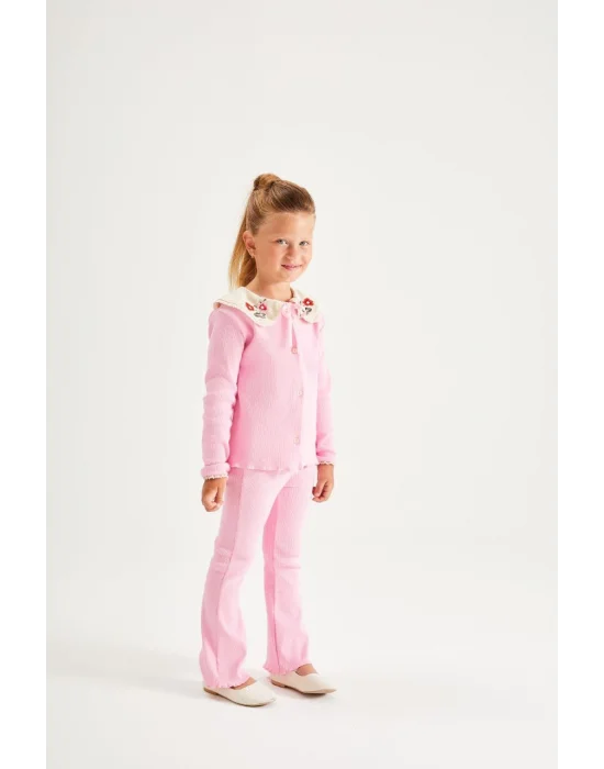 Nakış İşlemeli Yaka Detaylı Taytlı Takım Pembe