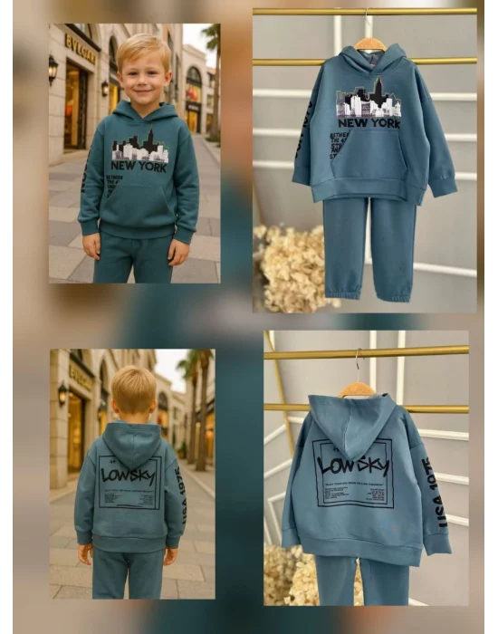 New York Yazı Baskılı Kapüşonlu Erkek Eşofman Takım