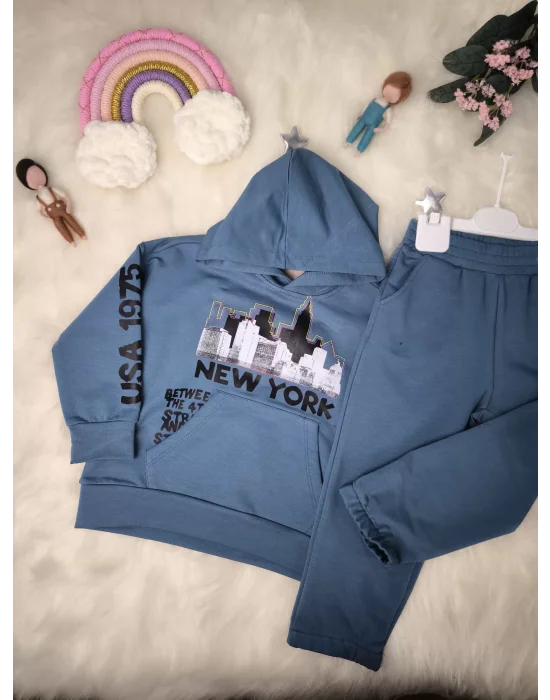 New York Yazı Baskılı Kapüşonlu Erkek Eşofman Takım