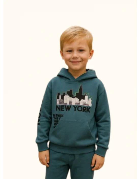 New York Yazı Baskılı Kapüşonlu Erkek Eşofman Takım