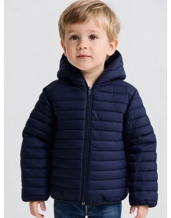 Su Geçirmez Polar Astar Fermuarlı Kapşonlu Lacivert Çocuk Montu