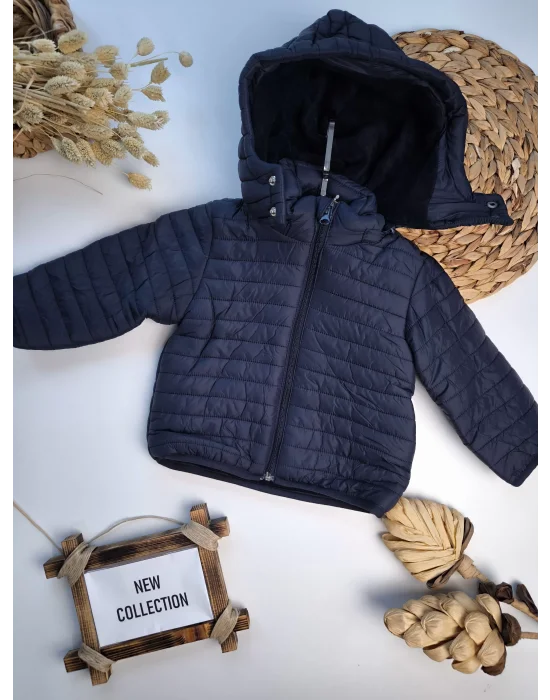 Su Geçirmez Polar Astar Fermuarlı Kapşonlu Lacivert Çocuk Montu