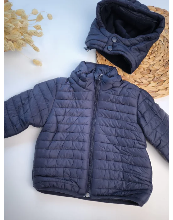 Su Geçirmez Polar Astar Fermuarlı Kapşonlu Lacivert Çocuk Montu