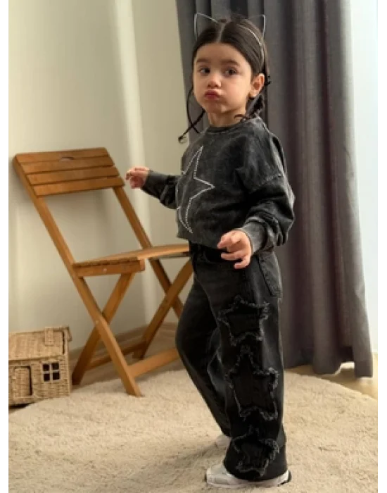 Taş Yıkamalı Kız Yıldız Takım - Sweatshirt-Jean Pantalon