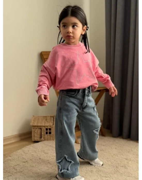 Taş Yıkamalı Kız Yıldız Takım - Sweatshirt-Jean Pantalon