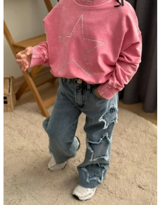 Taş Yıkamalı Kız Yıldız Takım - Sweatshirt-Jean Pantalon
