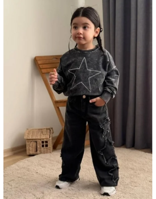 Taş Yıkamalı Kız Yıldız Takım - Sweatshirt-Jean Pantalon